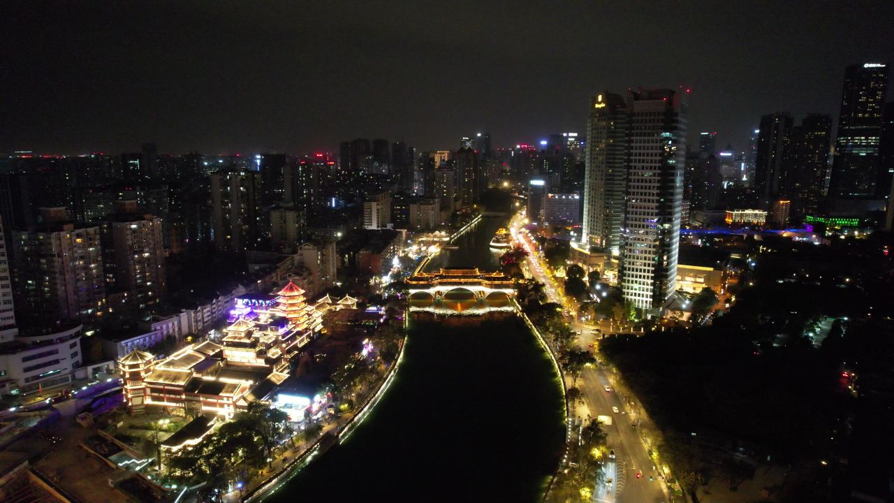 成都安顺廊桥夜景灯光航拍 