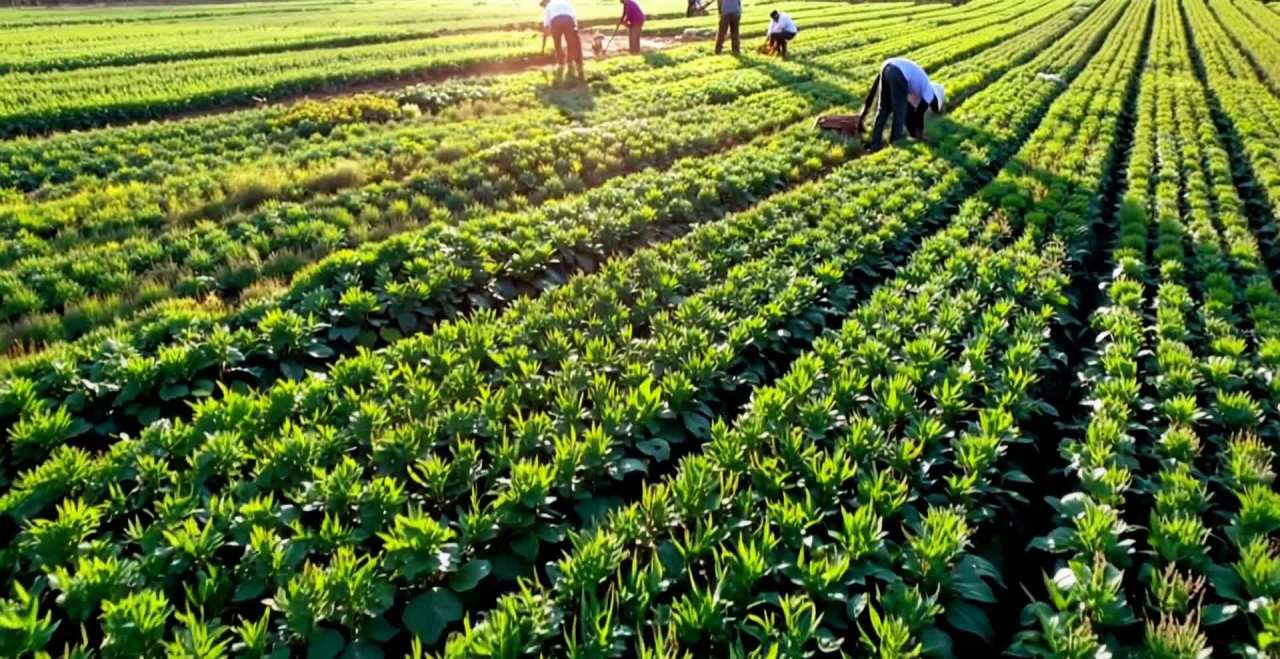 一片绿色的农田，农作物茂盛生长。有农民在田间劳作，