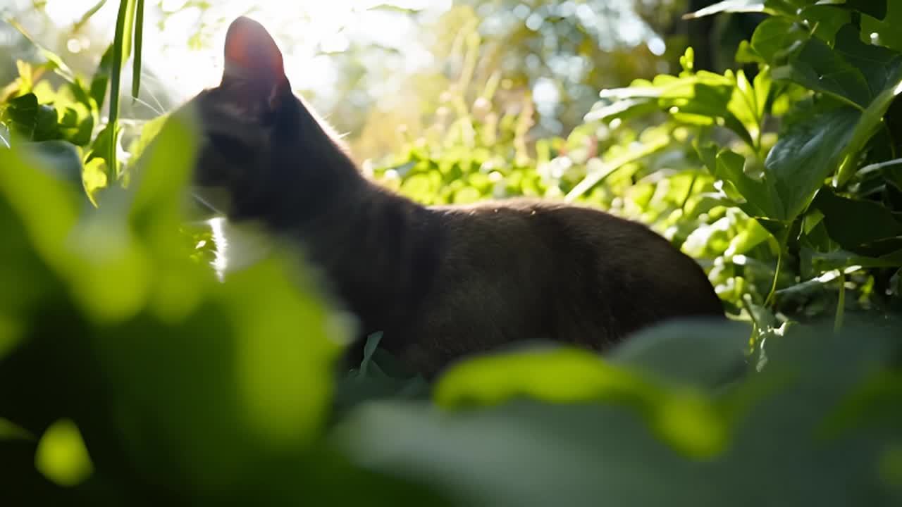 一个棕色的猫身处绿色植物之间，光线柔和，镜头静止。