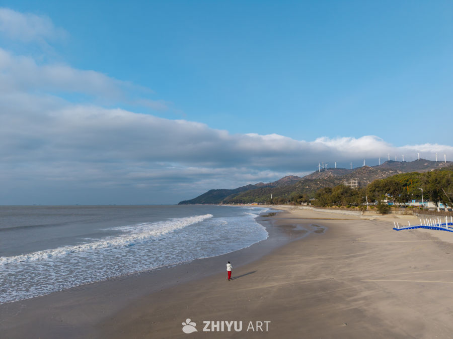 海边漫步：风车与海浪的交响