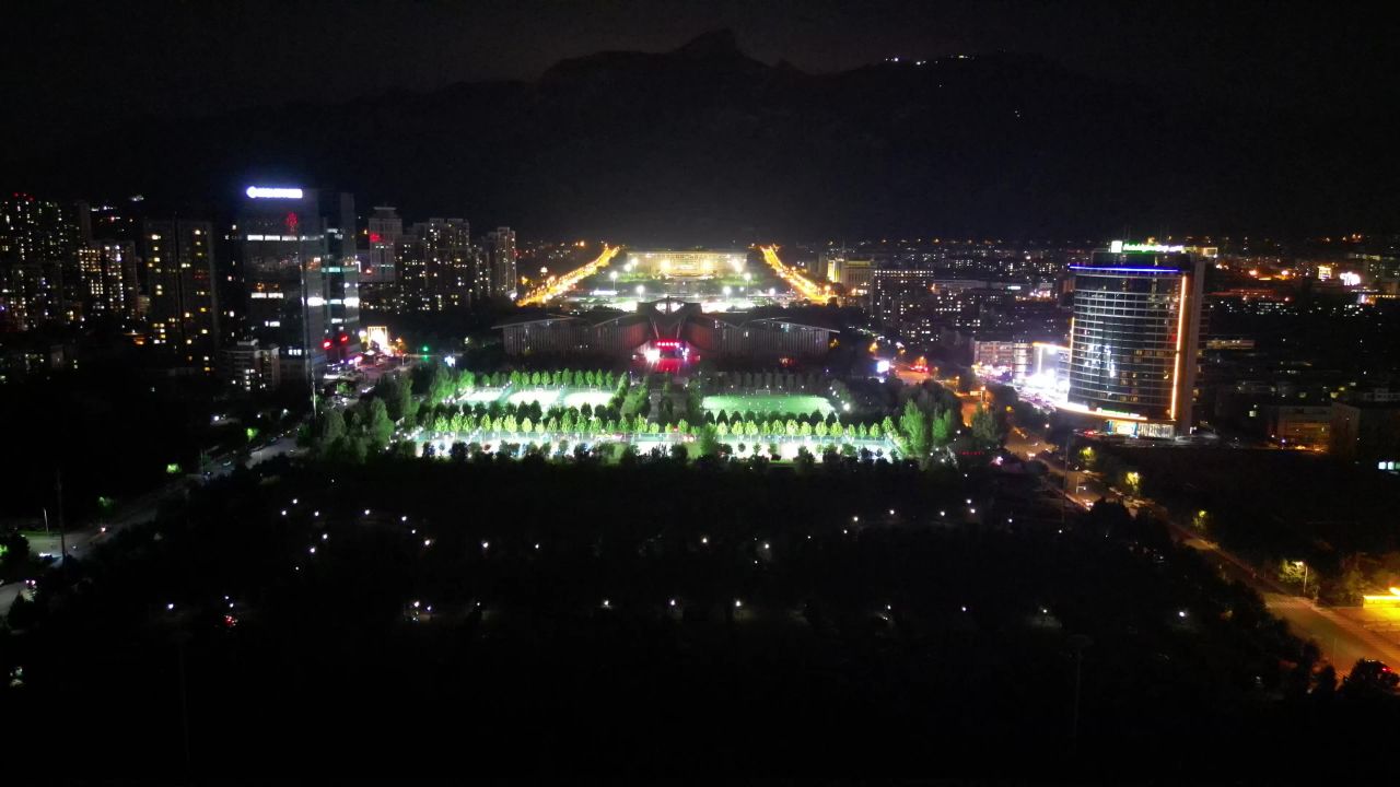  航拍山东泰安会展中心夜景