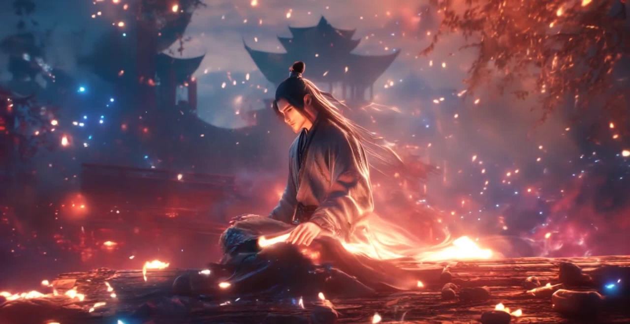 红橙天空下，修仙者聚灵修行