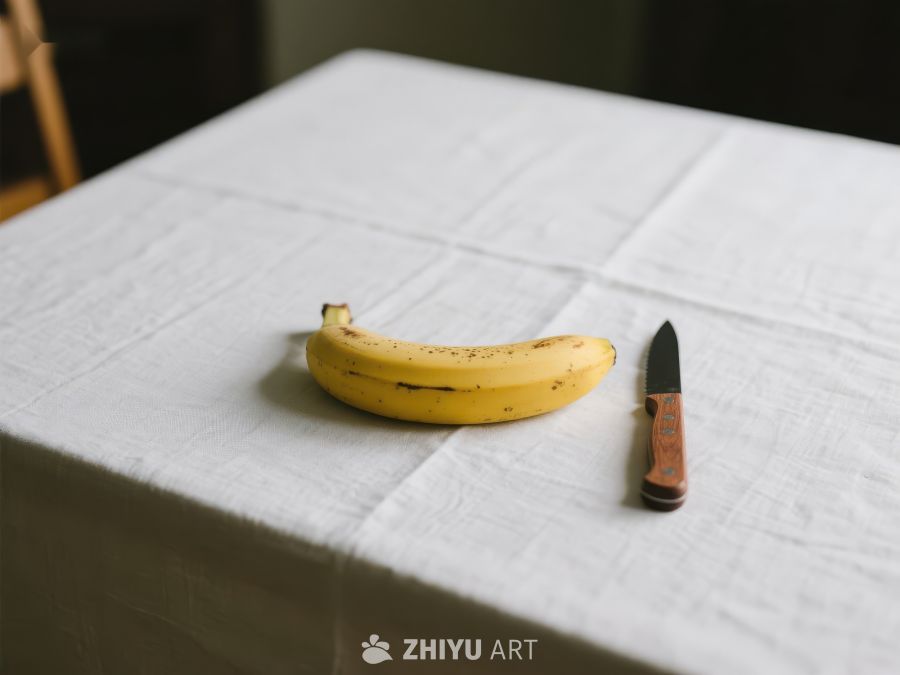 香蕉与刀置于白色桌布上 649