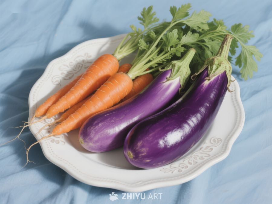 盘中新鲜胡萝卜与茄子 92