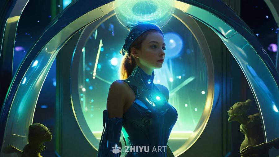 一个女人向上凝视，她的身体被一圈光和天体环绕。背景