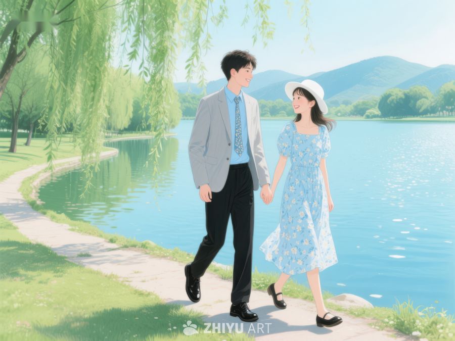 湖畔漫步的年轻情侣 283
