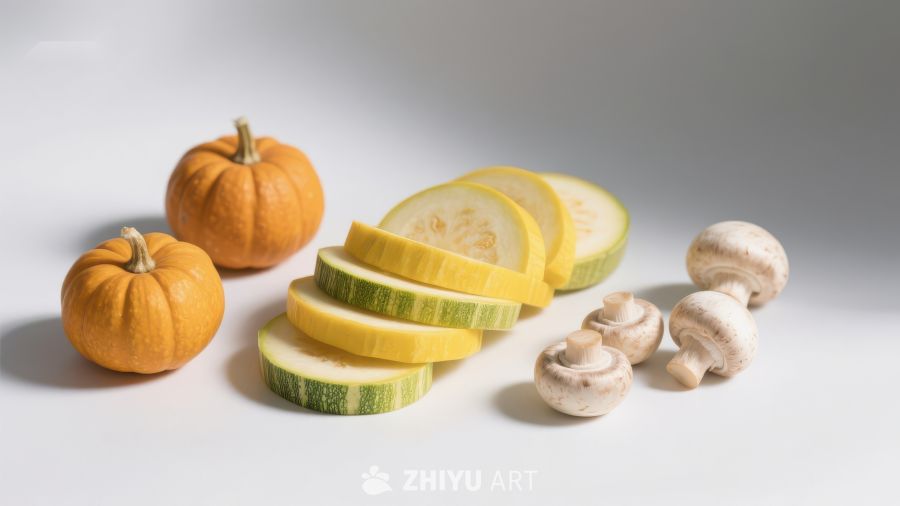 南瓜、蘑菇与切片蔬菜的静物组合
