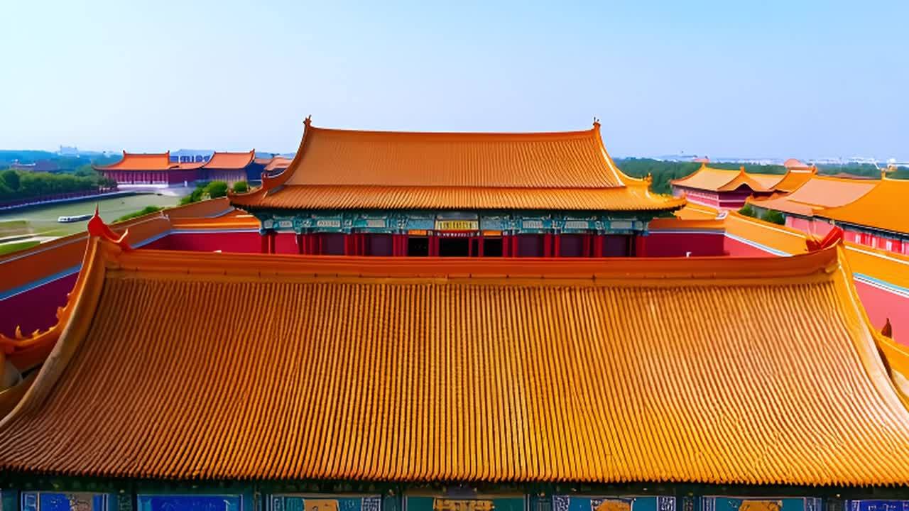 从高处俯瞰宫殿建筑群，阳光洒在红墙黄瓦上。镜头缓缓