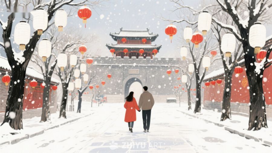 雪中古街，灯笼映衬行人 1099