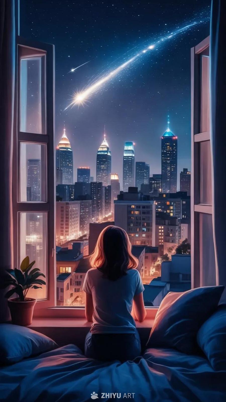 一个女孩坐在公寓的窗户前，望着城市夜景。夜空中划过