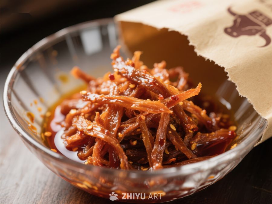 辣味牛肉干盛于透明碗中 766