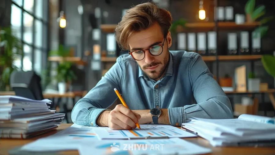 一个戴着眼镜的男子坐在办公桌前，桌上堆着一叠文件。