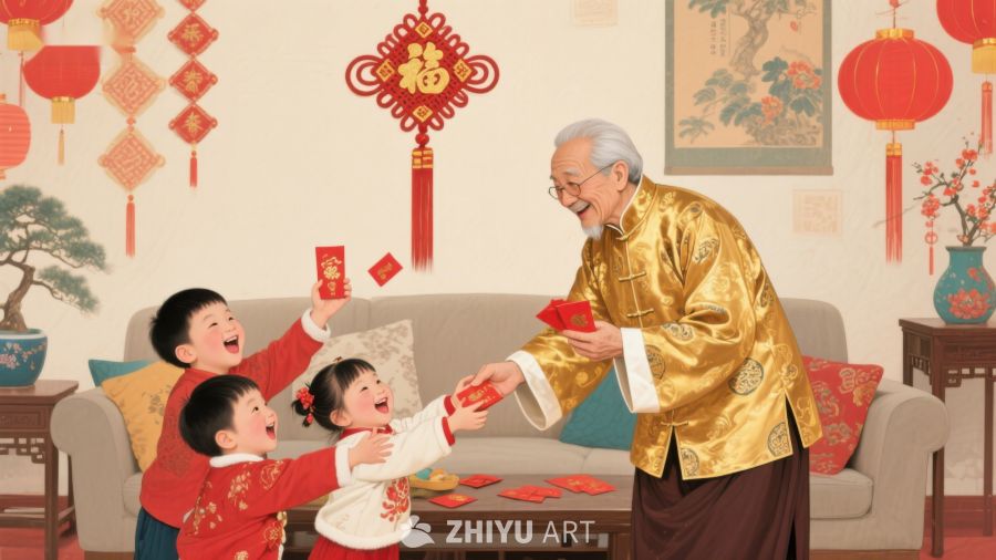 长辈发放红包，孩童欢笑迎新年 134