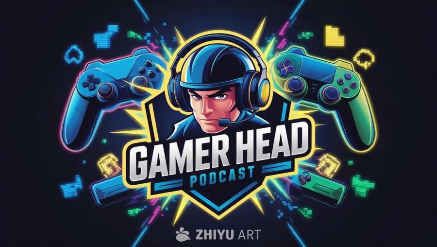 一个戴着耳机的人，他面前是蓝色的“GAMER HE