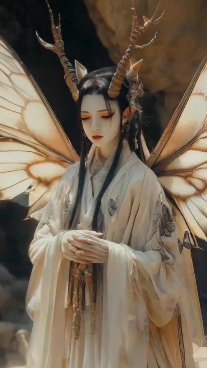 长发蝴蝶翅膀女性沉思，岩石背景仙女形象