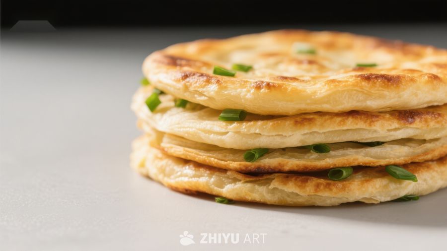 金黄葱香煎饼叠放特写