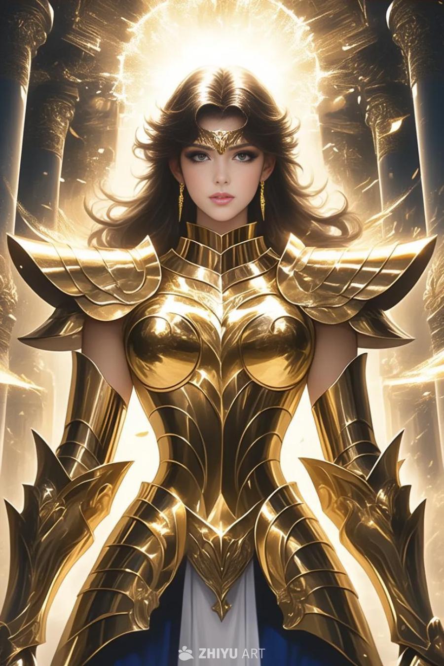 一位身穿金色圣衣的女性，头戴金色头饰，佩戴金色耳环
