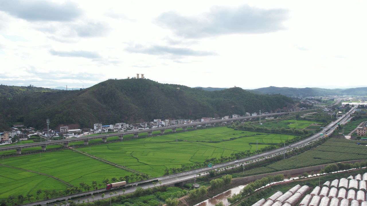 绿色水稻田一条高铁穿过