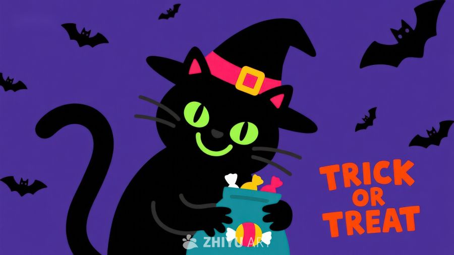 万圣节黑猫手持糖果罐