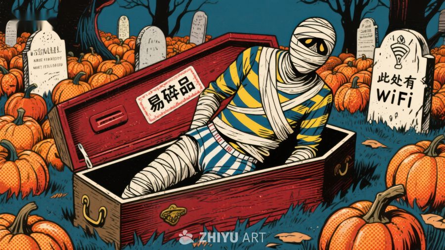 木乃伊躺在棺材中，背景是万圣节南瓜地