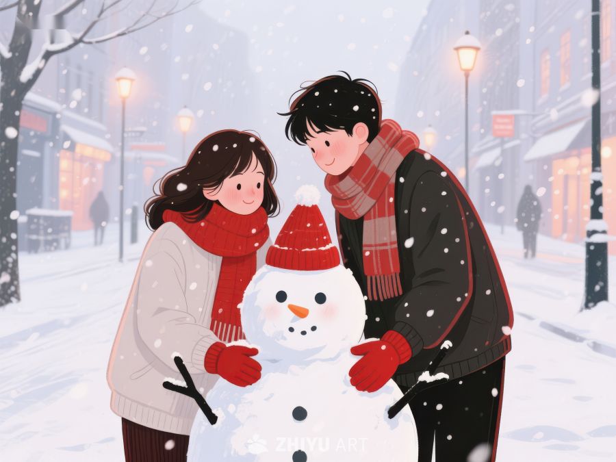 冬日街头，情侣共筑雪人 70