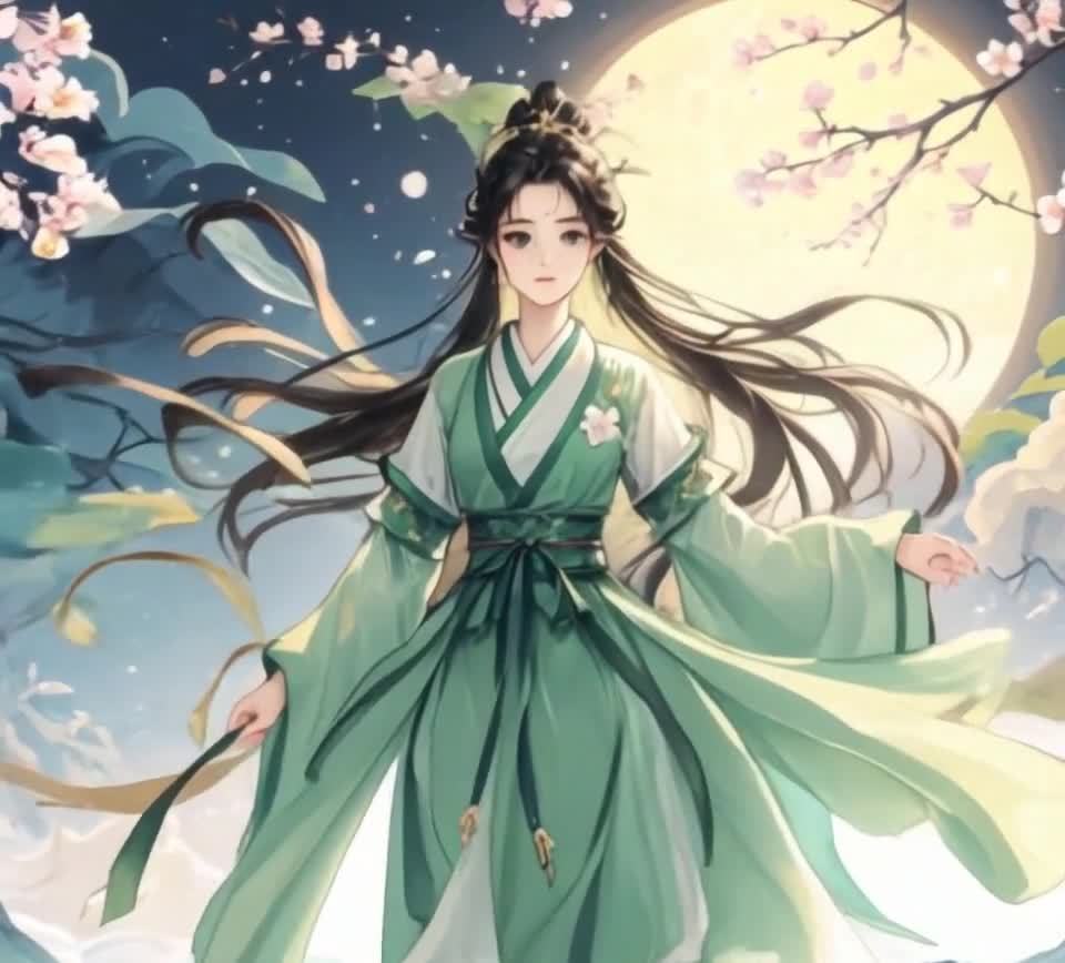 月夜汉服少女与花枝的唯美意境