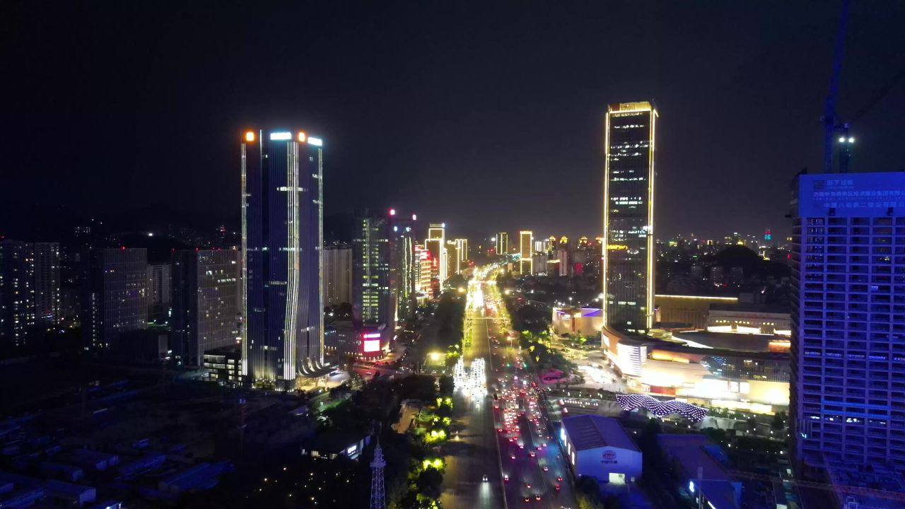 航拍山东济南奥体中心经十路夜景