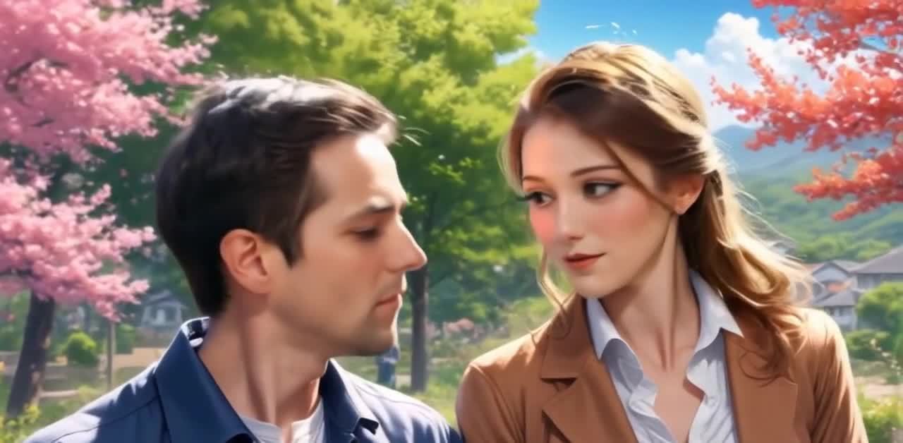 公园里的一对男女，背景是树木和房屋