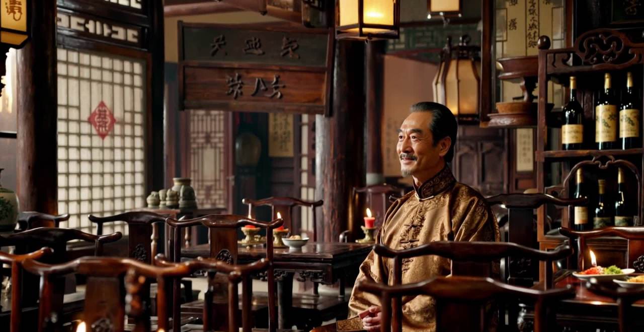 酒肆内烛光摇曳，木桌木椅摆放整齐。一位身着长袍的中