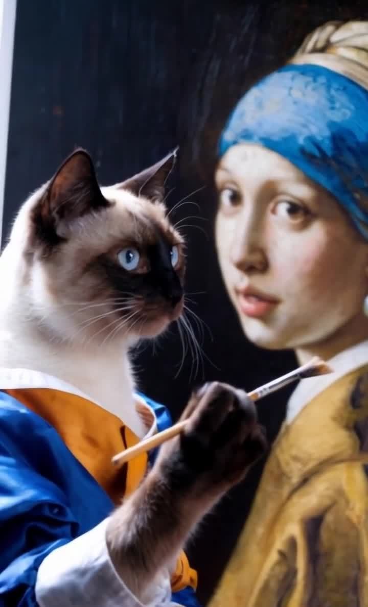 猫咪创作戴珍珠耳环的少女画像