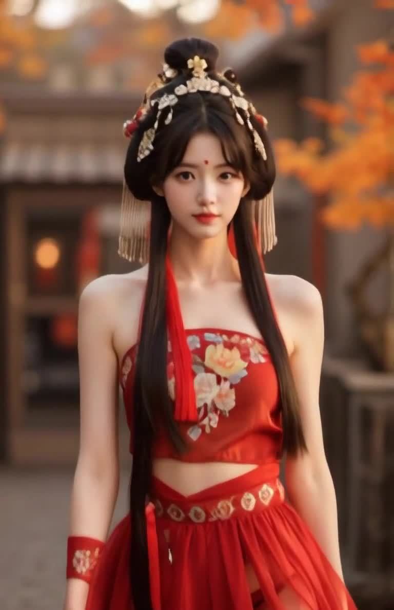 一位身着红色古装的年轻女子站在画面中央，她头戴精致