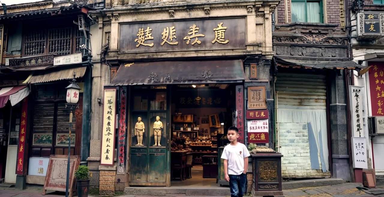 一个小男孩站在一家古物店的门口。店门口挂着一个牌匾
