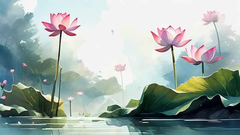 荷花精致淡彩水墨插画 3