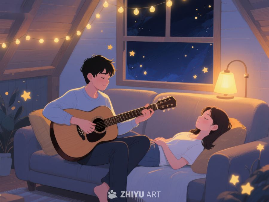 夜晚温馨时刻：吉他伴奏下的静谧时光 1096