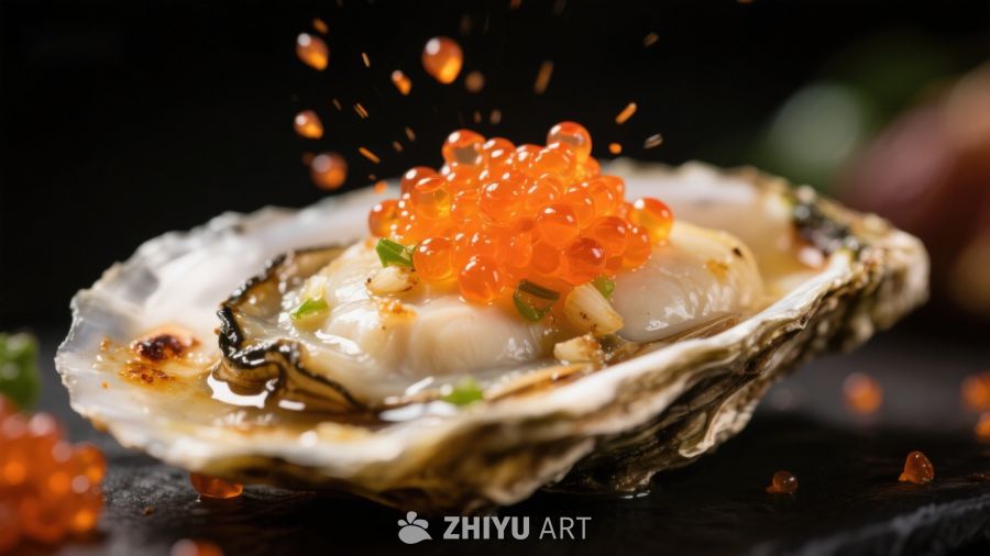 生蚝上的鱼子酱特写