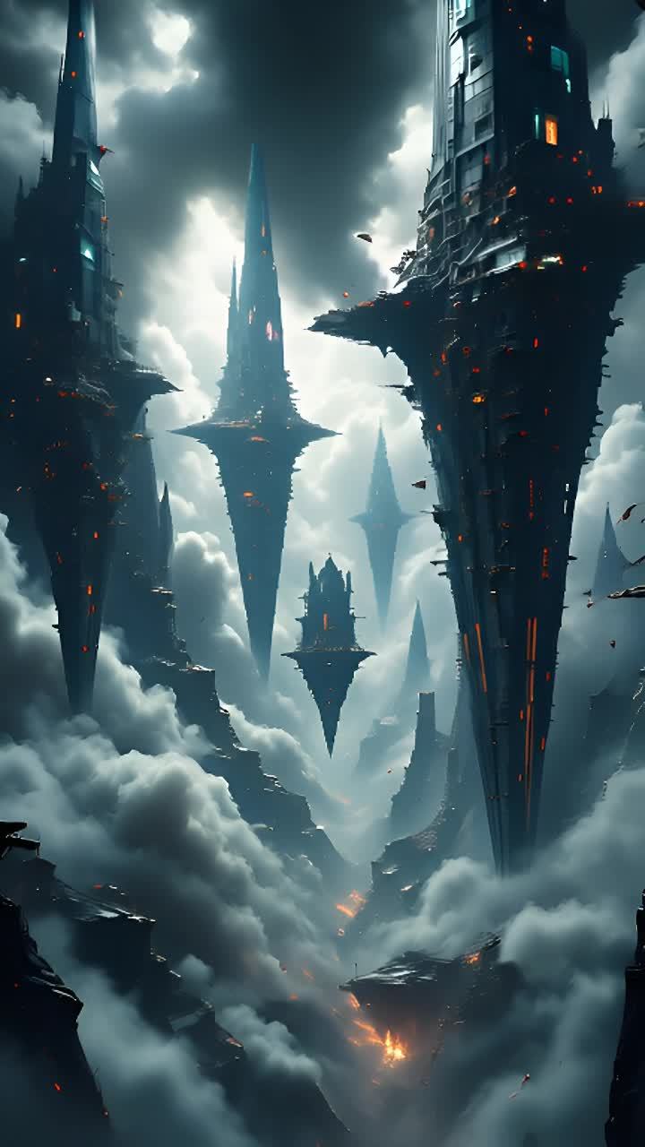 云雾缭绕的天空中漂浮着几座巨大的城堡。这些城堡高耸