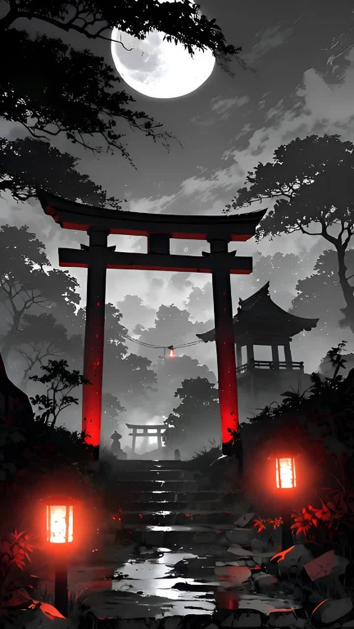夜间，茂密的森林中耸立着一座鸟居，通往被照亮的寺庙