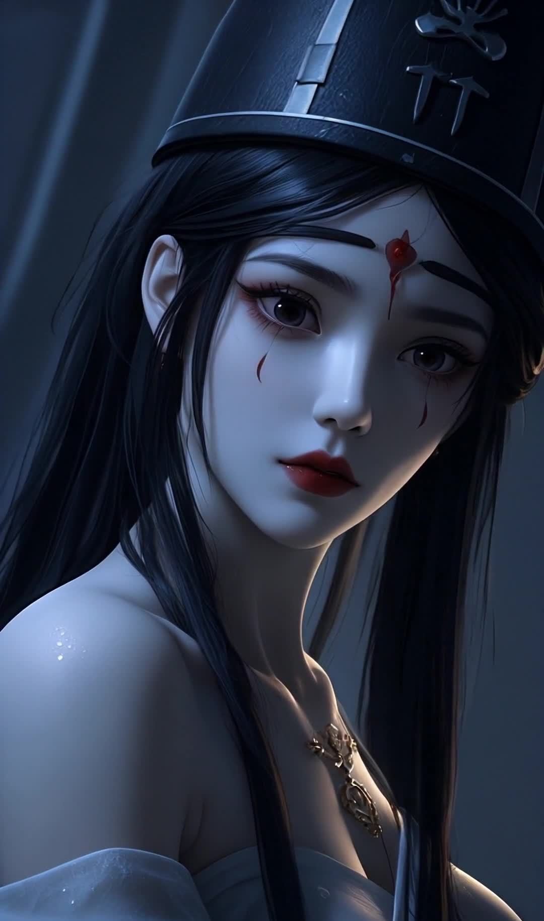 黑发红唇戴头饰的苍白美人半身像