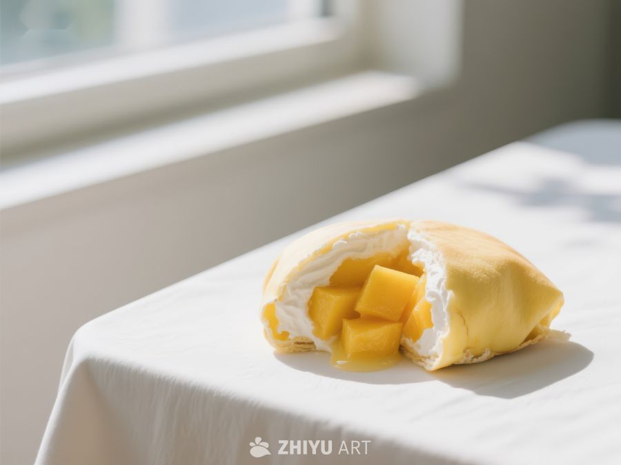 芒果奶油甜点，阳光下的美味