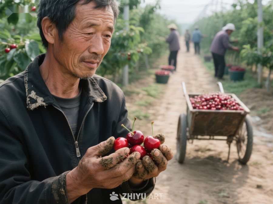 农民手捧樱桃，果园丰收景象 355