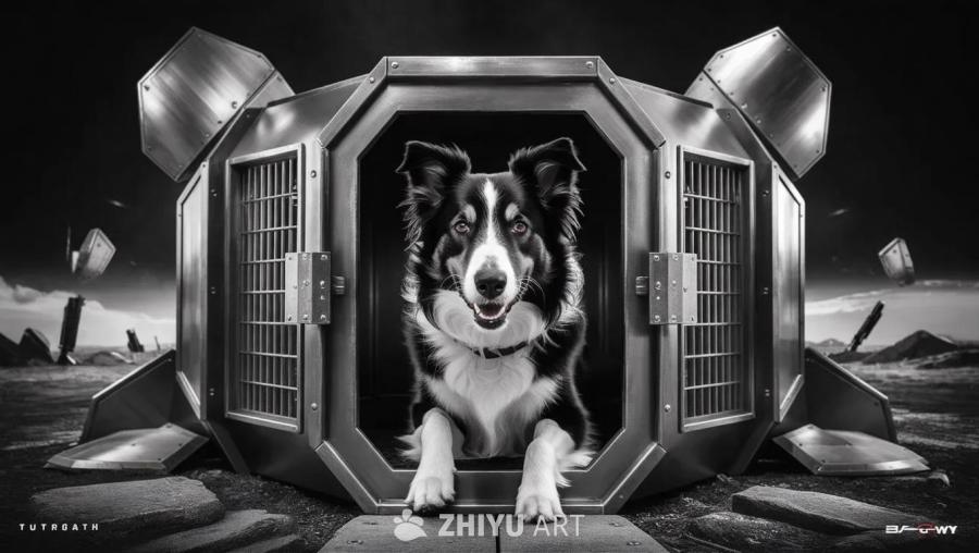 一只黑白色的边境牧羊犬在一个金属狗窝里。狗窝位于黑