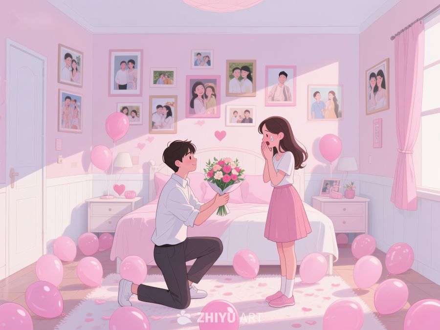 浪漫求婚场景，粉色气球环绕 410