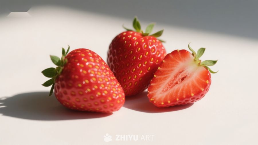 新鲜草莓特写，阳光下的诱人色泽