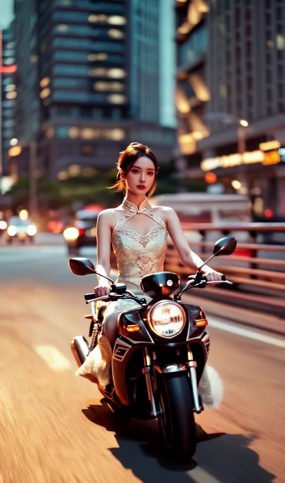 一位容貌秀丽的女子，身穿米黄色改良汉服，骑着一辆黑