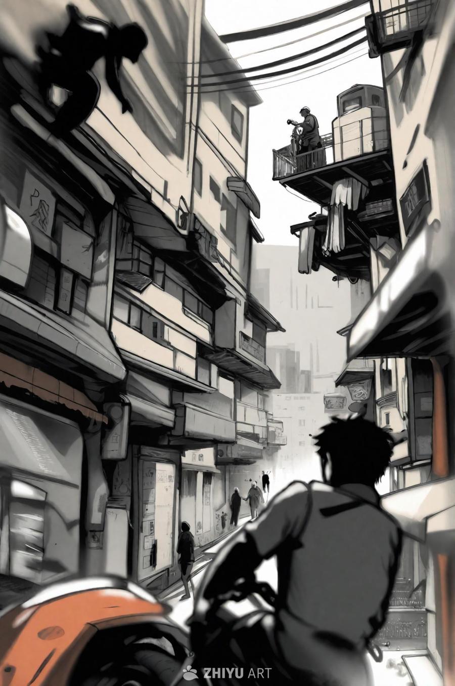 黑白漫画风格的画面，描绘了类似《第五元素》的未来反