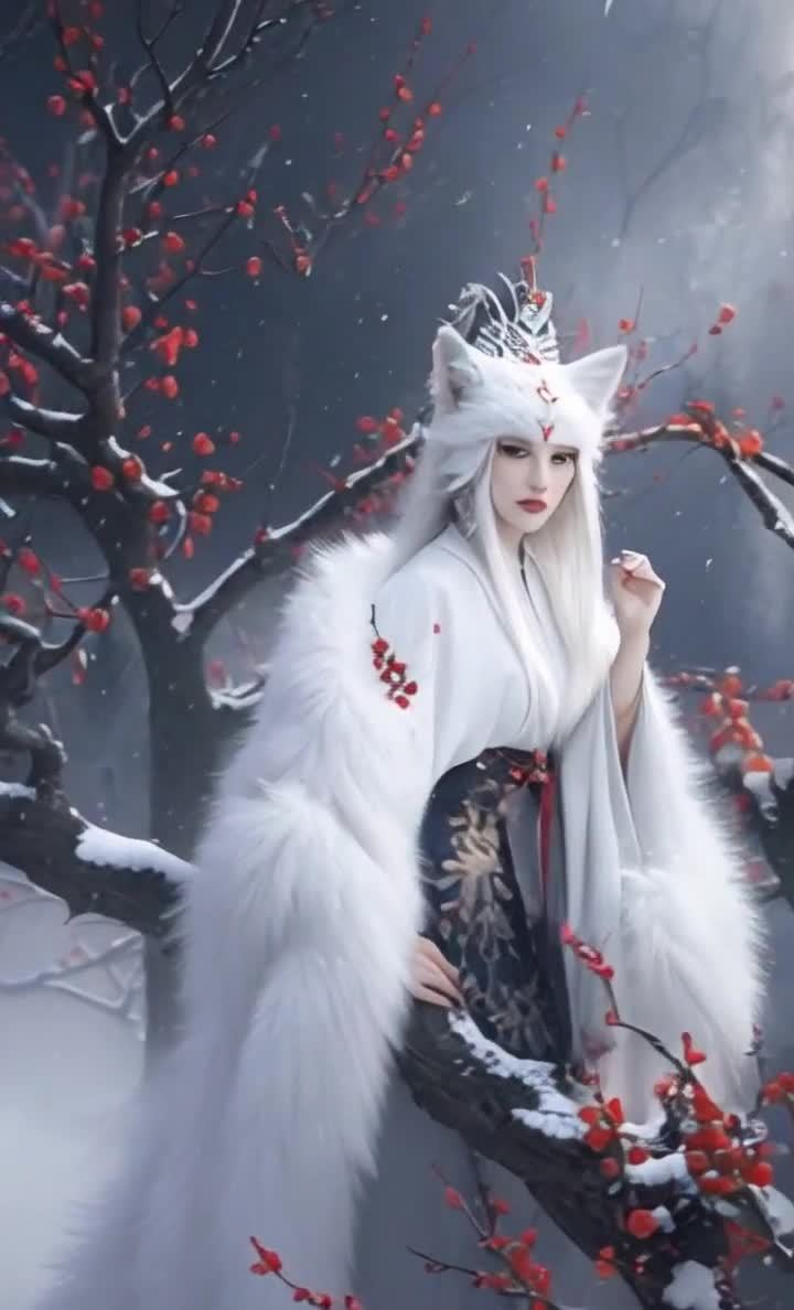 雪中梅树旁的白衣狐耳女子。