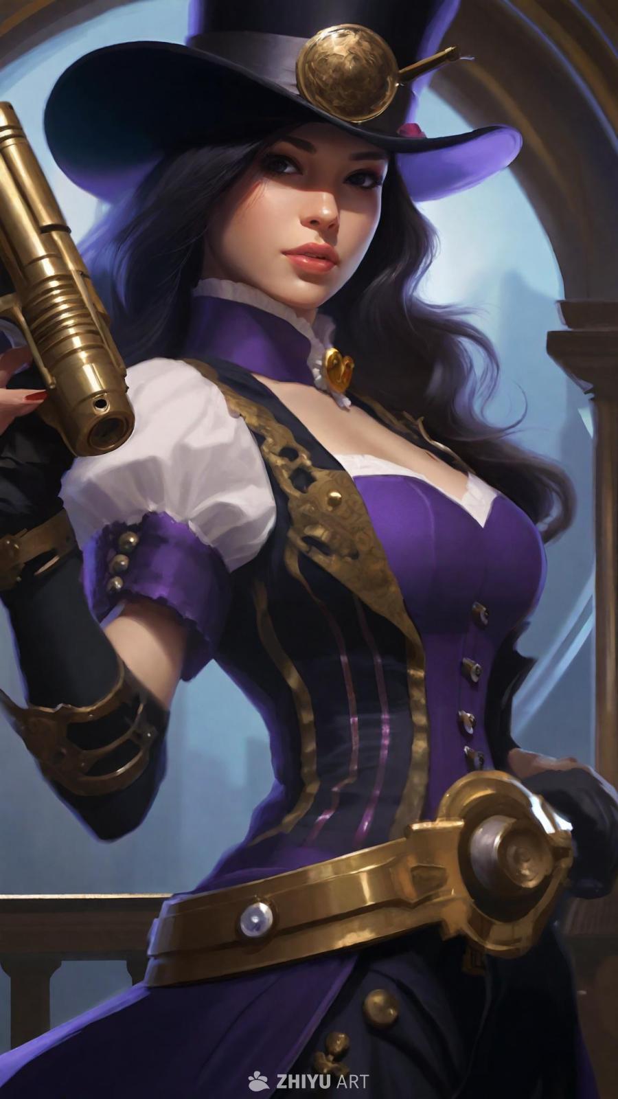 一位身穿紫色服装的女性自信地站立着，手中握着一把枪