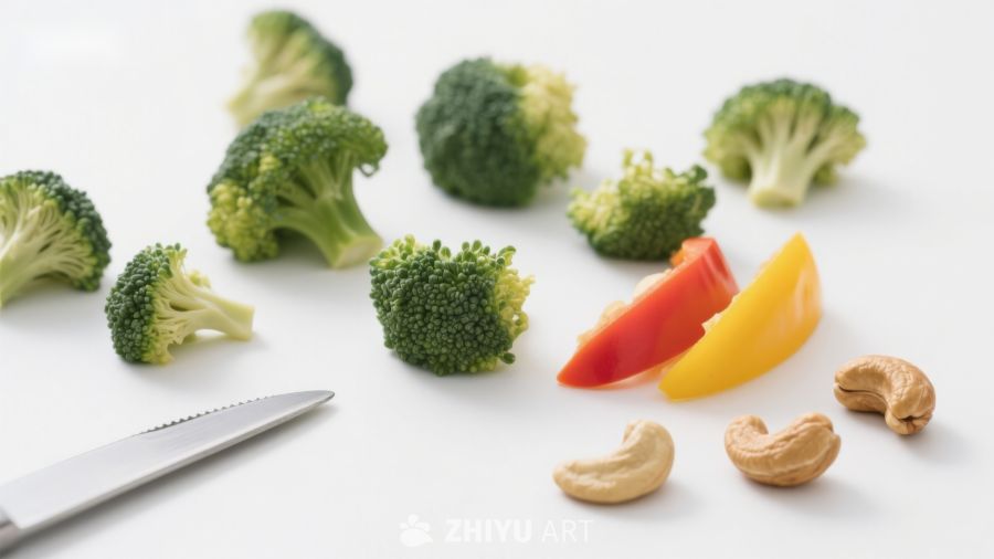 西兰花彩椒腰果与刀具