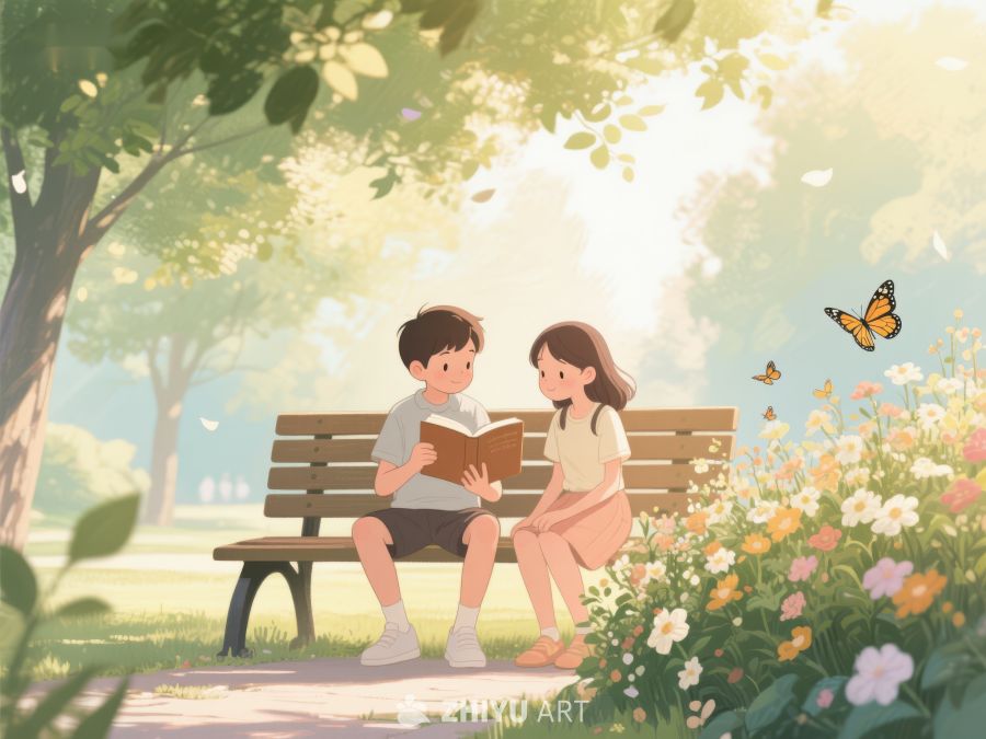 公园长椅上阅读的少年少女 202