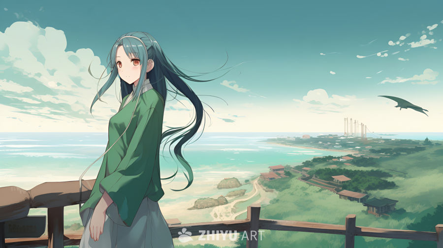 海边的绿衣少女